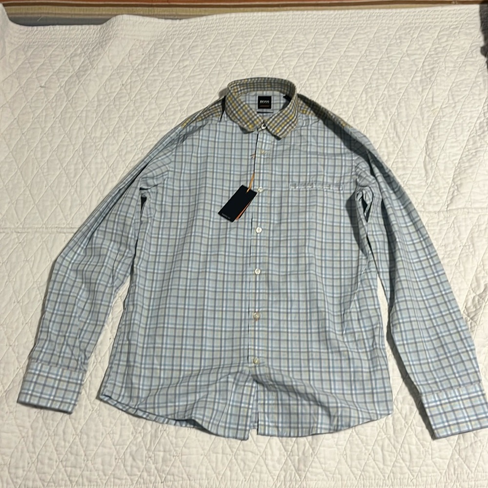 Hugo Boss Light Blue Check Pattern Shirt Casual Button Shirt Medium Size Men